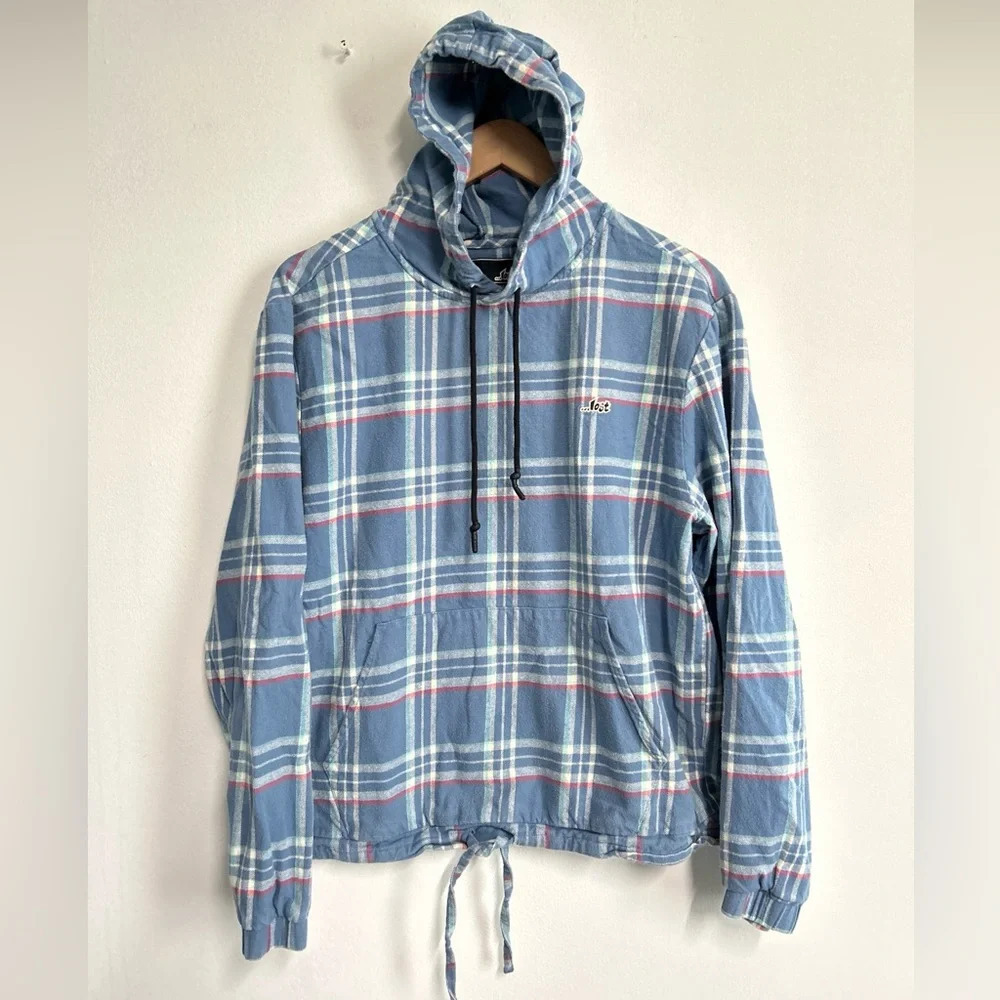 Lost Women’s Small Plaid‎ Pullover Hoodie Blue Cotton Outdoor Preppy Piling